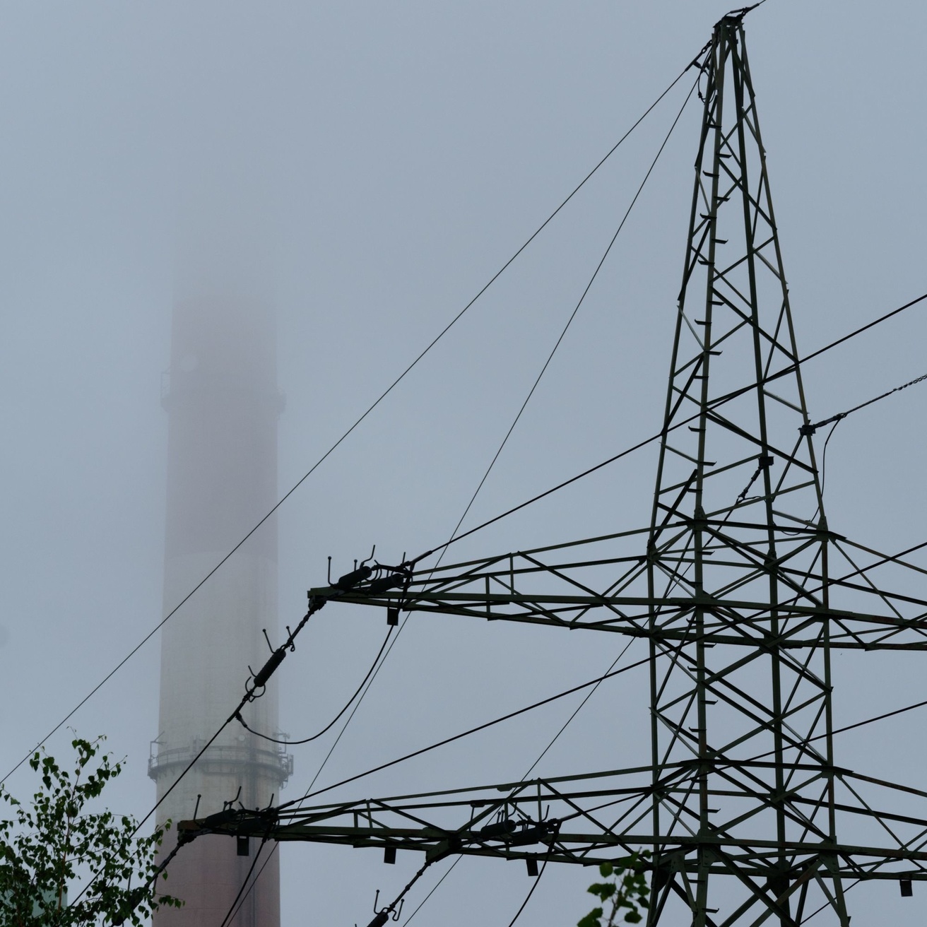 Powerlines and smokestacks from coal power plant